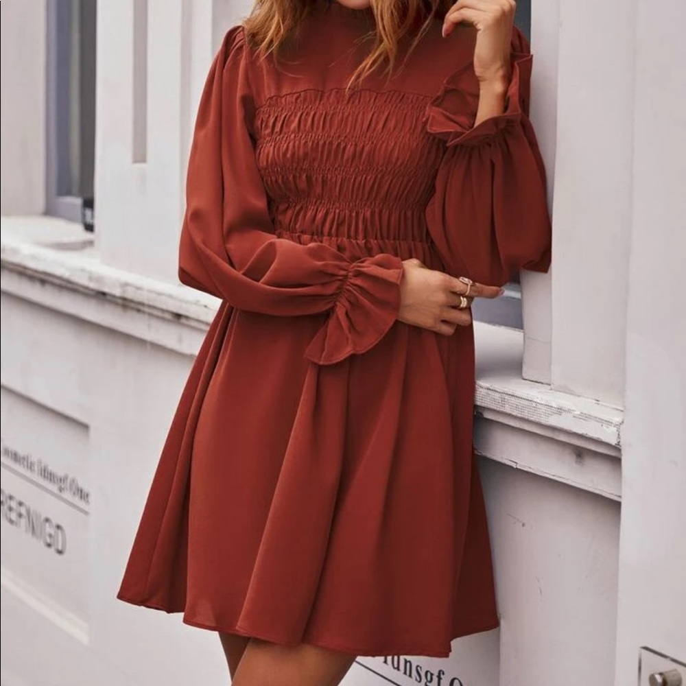 Ruffle Neck Shirred Front Flounce Sleeve A-Line Dress - Picture 4 of 5